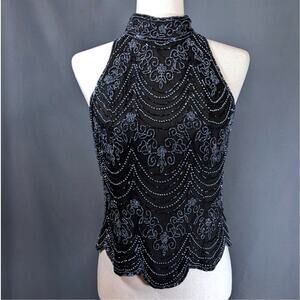 Vintage 100% Silk Dark Blue Heavy Beaded Halter Tank Scalloped Papell Boutique M